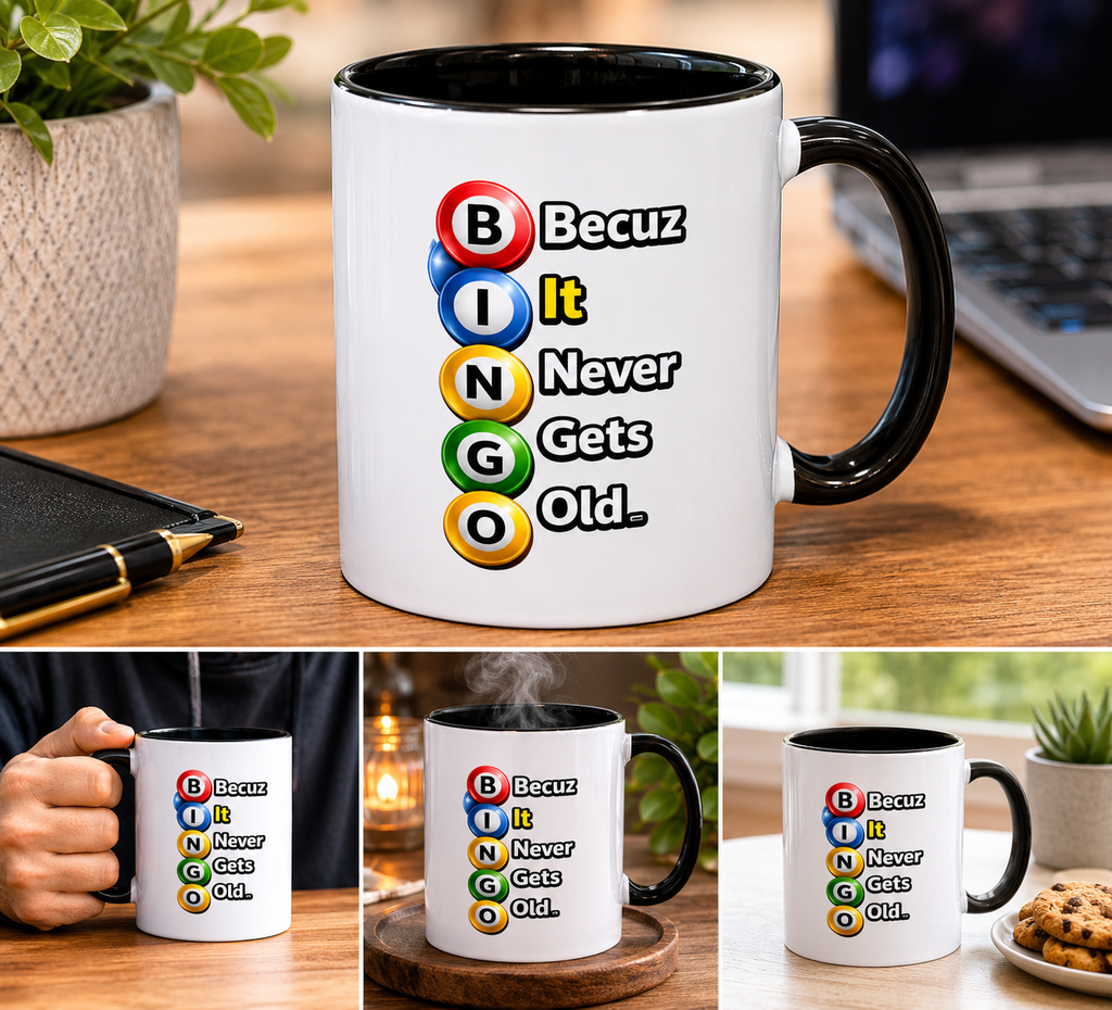 Bingo Becuz It Never Gets Old Accent Coffee Mug | Funny Bingo Mug | 11oz & 15oz Ceramic Cup | Gift for Bingo Lovers | Bingo Night Mug