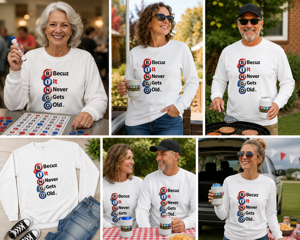 Patriotic Bingo Sweatshirt – BINGO Becuz It Never Gets Old – Red White Blue Bingo Crew Sweatshirt – Funny Bingo Lover Gift