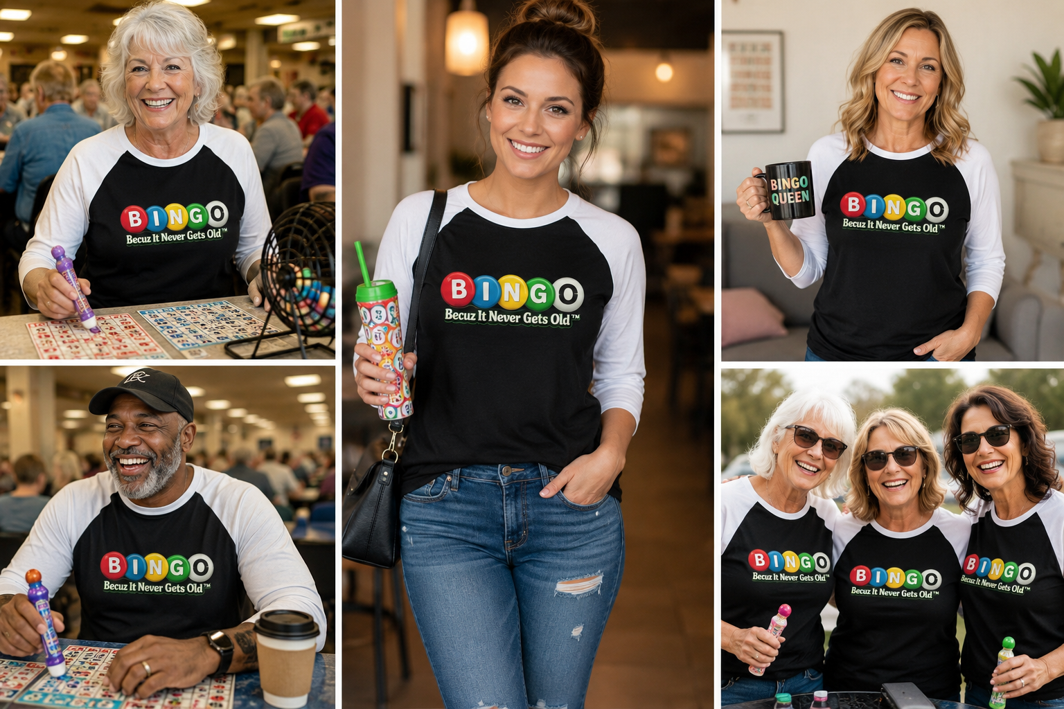 BINGO Becuz It Never Gets Old™ Unisex 3/4 Sleeve Raglan Baseball Tee