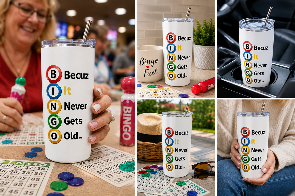 BINGO Becuz It Never Gets Old™ Tumbler | 20oz Stainless Steel Bingo Travel Cup | Bingo Lover Gift