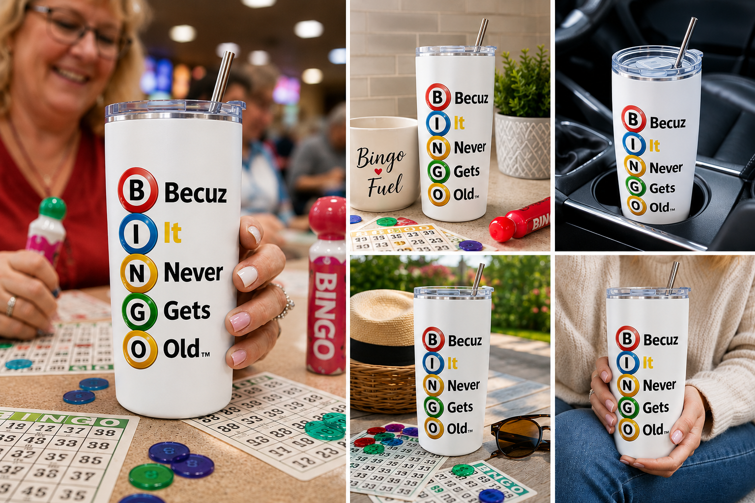 BINGO Becuz It Never Gets Old™ Tumbler | 20oz Stainless Steel Bingo Travel Cup | Bingo Lover Gift