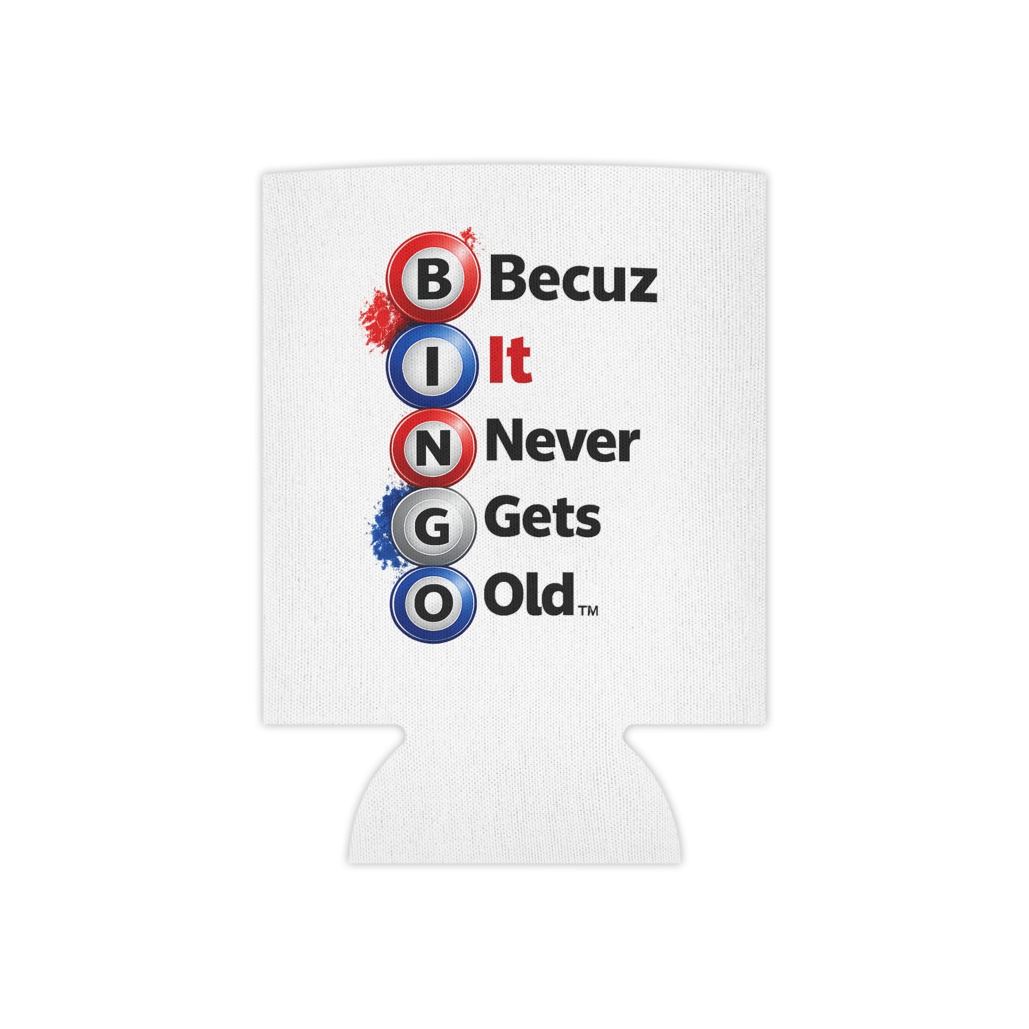 BINGO Becuz It Never Gets Old™ Patriotic Can Cooler | Red White & Blue Bingo Drink Sleeve | Funny Bingo Beverage Holder