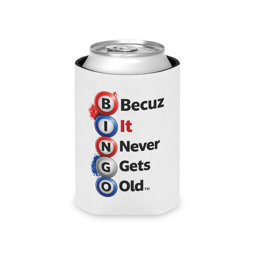 BINGO Becuz It Never Gets Old™ Patriotic Can Cooler | Red White & Blue Bingo Drink Sleeve | Funny Bingo Beverage Holder