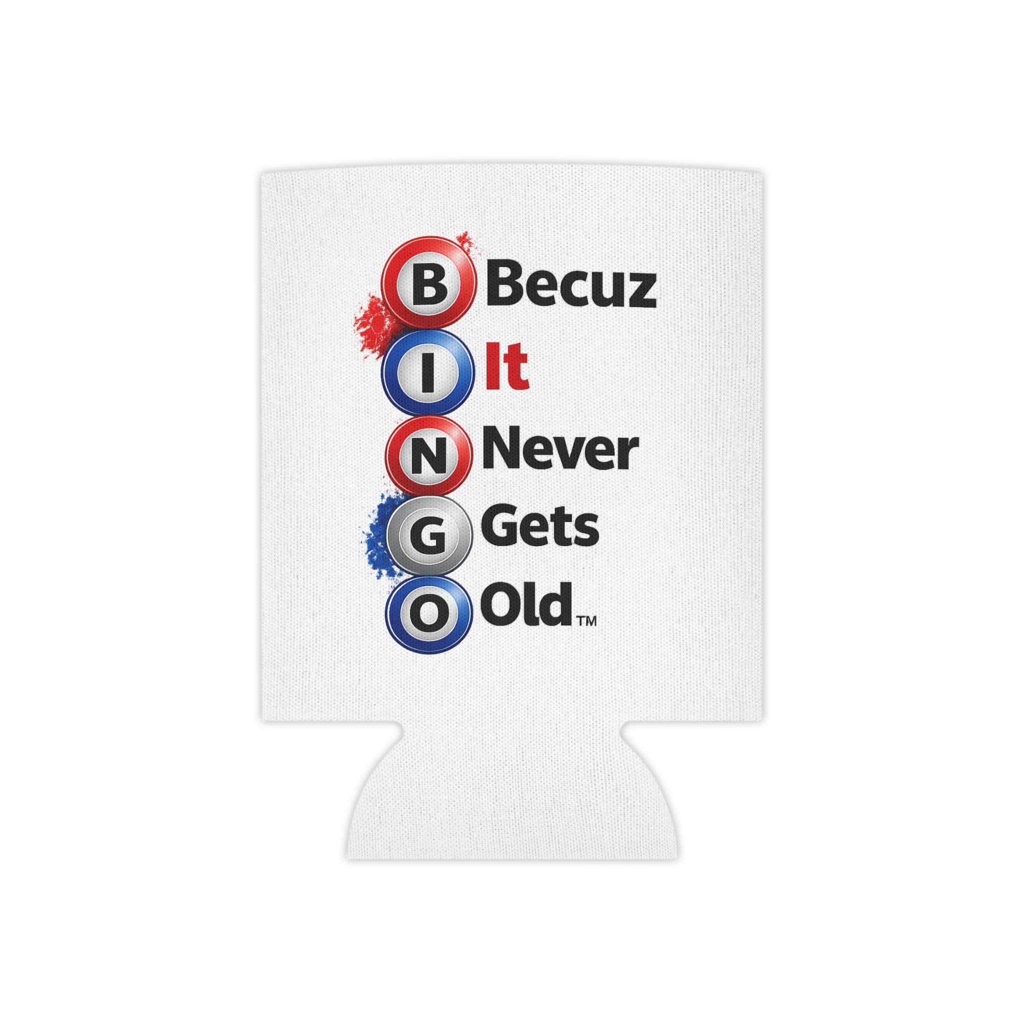 BINGO Becuz It Never Gets Old™ Patriotic Can Cooler | Red White & Blue Bingo Drink Sleeve | Funny Bingo Beverage Holder
