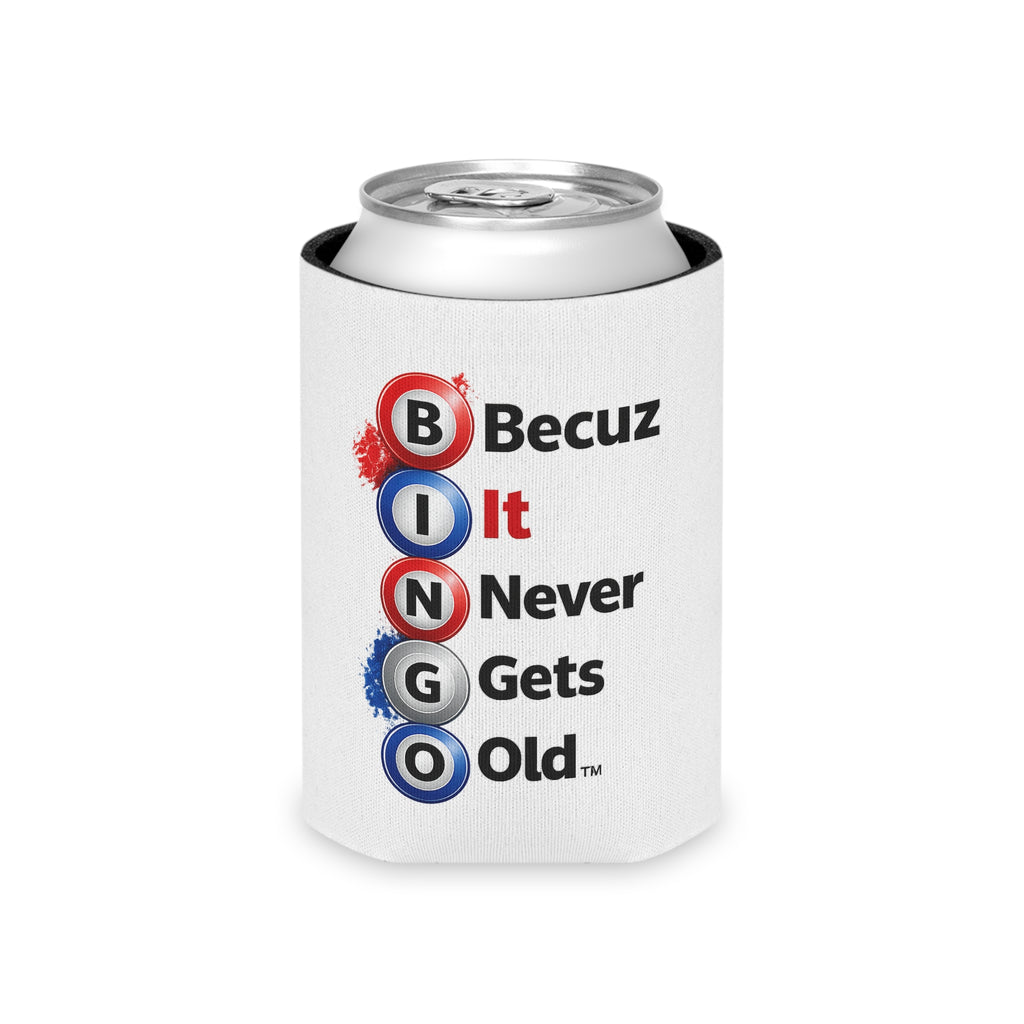 BINGO Becuz It Never Gets Old™ Patriotic Can Cooler | Red White & Blue Bingo Drink Sleeve | Funny Bingo Beverage Holder