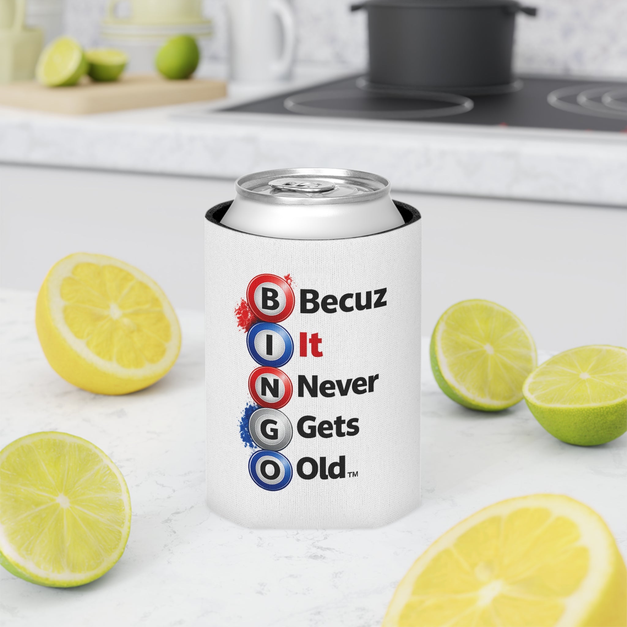 BINGO Becuz It Never Gets Old™ Patriotic Can Cooler | Red White & Blue Bingo Drink Sleeve | Funny Bingo Beverage Holder